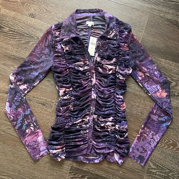 Anthropologie Tops - 🌂💘NWT Anthropologie Pilcro collared mesh button up shirt blouse purple pink xs